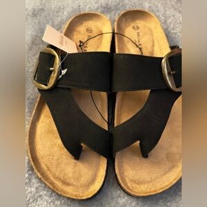 Olivia & kate Black Buckle Toe-Ring Slide Sandals with Gold Buckles 8.5 NWOB